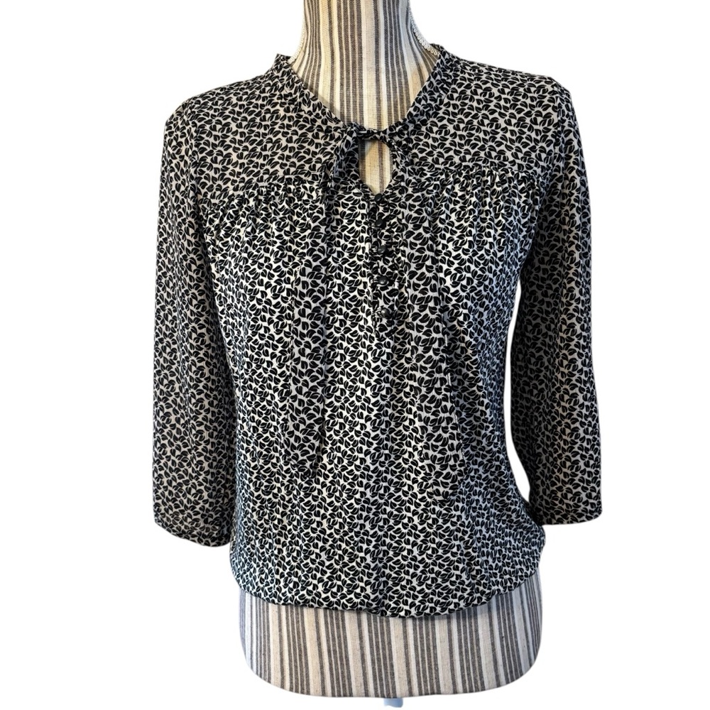 LOFT Blouse XXSP Peasant Top White Black Leaf Print Keyhole Ties Buttons